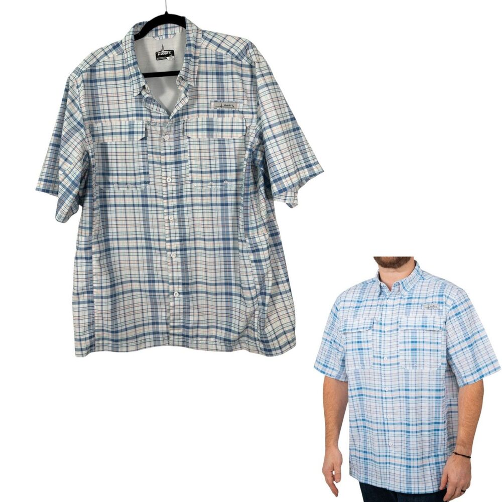 Habit UPF Sun Protection Short Sleeve Button Shirt Plaid Blue White Men's Large